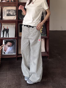 American Retro Blue Striped Casual Pants Summer Loose Slim Straight Wide Leg Pants Drapey Long Trousers Comfortable Fit