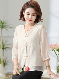 New Chinese Style Summer Outfit for Mom Traditional National Fashion Ladys Blouse Chiffon Womens Spring Autumn Wear