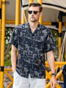 Yingjilun Cuban Collar Linen Short-Sleeved Shirt Mens Summer Loose Casual Hawaii Flower Shirt Thin Outwear