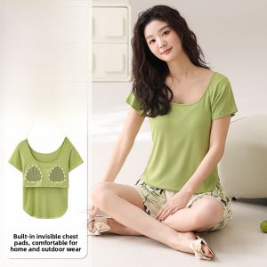 Miiow | Cat Woman Summer Sleepwear Set With Chest Pad Loose Casual Short Sleeve Shorts Home Clothes For Women Breathable Lightweight Polyester Fiber