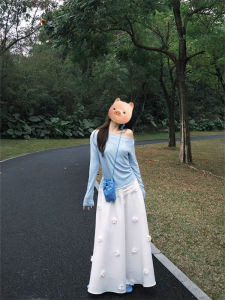 YUEZHONGWEI | One-shoulder Blue T-shirt 2026 Spring