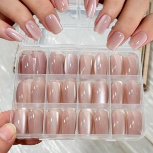 144Pcs/Box Nude Pink Cats Eye Press On Nails Glossy Short Round Head Fake Nail Detachable Full Cover False Nailtip DIY Manicure