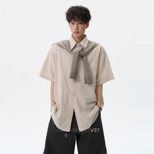 V37 | American Double-layer Collar Stripe Short Sleeve Shirt Light Textured Loose Fit
