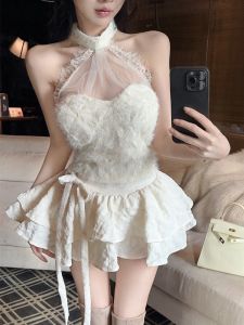 GUZILIAN | Pure Desirable Lace Halter Glitter Furry Top High Waist Slimming Skirt Set