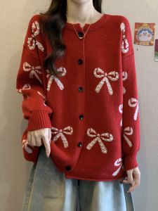 Red Knitted Cardigan Sweater for Women Beautiful Butterfly Knot Spring Autumn Winter plus Size Comfortable Soft Korean Style