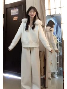 YUEZHONGWEI | White Large Fur Collar Hooded Zip-Up Knit Cardigan