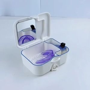 ฟันปลอมฟันปลอมแบบพกพา Retainer Organizer จัดฟัน คลิฟา Cassette พร้อมกระจกและแปรงทำ ความสะอาดฟันปลอม Care Oralสุขอนามัย