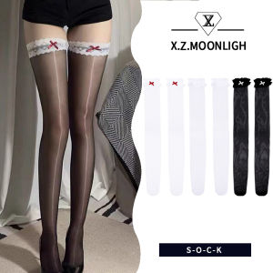 X.z. MOONLIGH ถุงเท้าโบว์ลูกไม้สุดเซ็กซี่แบบผูกโบว์ถุงน่องยาวเหนือเข่ามีขอบสีแดงและถุงน่องคลุมเข่าทำจากผ้าไหมสีดำ