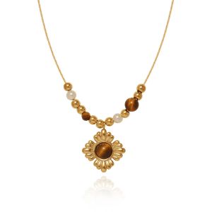 Natural Tiger Eye Stone Beded Vintage Pendant Gold Chain Necklace • Waterproof Non Tarnish Jewelry • 18K Gold Plated 316L Stainless Titanium Steel Necklaces for Women Men NL253