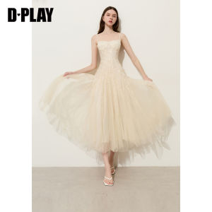 D-PLAY | Đầm MESH Trắng Thanh Lịch Có Đệm Ngực Trang Trí Ren Mùa Hè