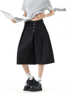 Grace Rub | Black Deconstructed Placket Casual Loose Wide Leg Knee-Length Shorts