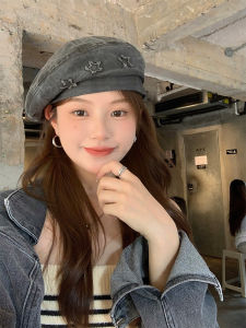 Washed Denim Beret Hat Womens New 2026 Large Head Size American Retro Face Slimming Painters Cap Casual Style No Brim
