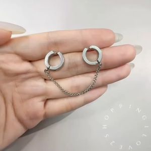 🇲🇾1pcs (link5-28)Stainless Steel Double Buckle Earrings Earrings Asymmetric All-match Stud Earrings Men Women耳扣耳夹链条耳环男女