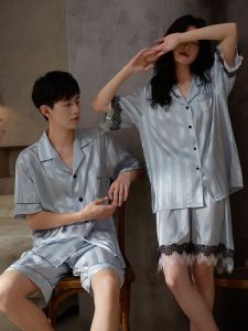 Miiow | Ice Silk Sleepwear Couple Style Short Sleeve Shorts Home Clothes Mens Breathable Lightweight Summer Comfortable Polyester Blend