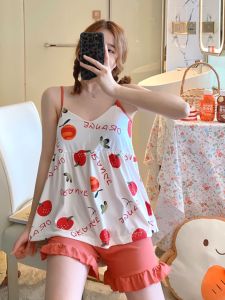 Korean Style Summer Thin Strap Sleepwear Set with Chest Pad Sweet Cute plus Size Home Clothes Womens Nightgown Ensemble