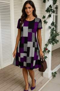 DR425 เดรสแขนสั้น คอกลมลายเลขาคณิต สีดำม่วงเทา ทรงA-Line ผ้ายืดใส่สบาย สำหรับฤดูร้อน  จากร้านพีทีพีรีท  แฟชั่นผู้หญิง เดรสแฟชั่น2025 Clothing