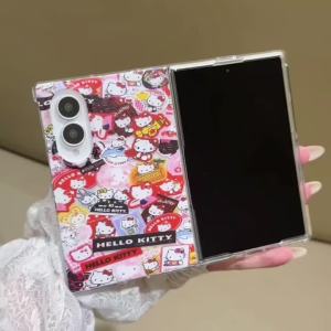 Sanrio | Kawaii Cartoon Full Screen Hello Kitty Fold Phone Case For Samsung Z Fold 8 Ultra ZFold 7 6 5 4 3 PC Shockproof Cover With Chain