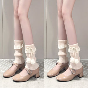 Pink Knitted Mid-Calf Socks with Lace Decorations Warm Womens Stockings Thickened Autumn Collection Tagkita Brand Sweet Style