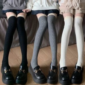 Women Gilrs JK Lace Socks Lolita Lace Stockings Knitted Pattern Elegant Solid Color Winter Warmer Floor Sox Hosiery