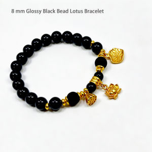 8mm Glossy Black Bead Bracelet Satin Matte‑Gold Lotus Lotus‑Leaf Seedpod Charm Daily Women Jewellery Gift