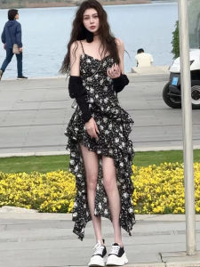 French Waist Cinching Slimming Asymmetrical Floral Halter Dress Womens Summer Versatile Open Cardigan Shawl Top Bottom Set