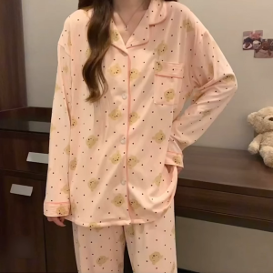 Womens Cute Bear Print Pajamas Set  Breathable & Comfortable Long Sleeve Loungewear