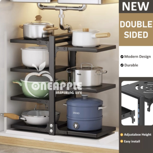ONEAPPLE.MY Kitchen Pan Rack 3-4 Tiers Pot Rack Carbon Steel Adjustable Pot And Pan Rack Kitchen Organizer Rak Dapur