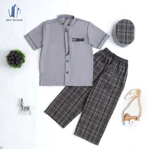 Baju Koko Anak Lengan Pendek & Celana Motif Kotak + Peci 1-12 Tahun Setelan Anak Premium Ibnu Muslim