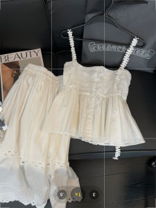 White Lace Set Women Sweet Spicy Style Unique Design Sensation Strap Vest Hollow A-Line Mini Skirt Two-Piece Set Fashionable Ensemble