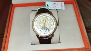 AILANG | AILANG 8313 Men Golden Dragon Embossed Automatic Mechanical Watch Diamond Bezel Leather Strap Luxury Business Wristwatch
