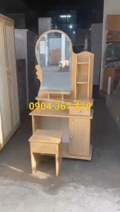 [HỎA TỐC HCM] Bàn trang điểm ván ép OKAL - bàn trang điểm giá rẻ màu vàng gỗ kính tròn