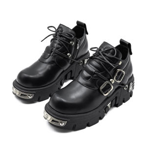Giày Bốt Nữ Phong Cách Punk Tối Màu Kiểu Gothic Chạm Khắc Họa Tiết Lửa Cổ Điển Rock Da Kim Loại Thiết Kế Độc Đáo Cổ Thấp Đế Platform Kiểu Bốt Đi Xe Máy