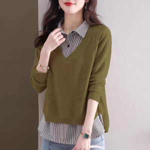 Fashionable Loose Womens Shirt Inner Wear Doll Collar Fake Two-Piece Autumn Winter New Design Korean Style Long Sleeve Polo Neck