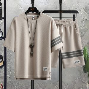 ROMON | Romon Mens Summer Thin Ice Silk Short Sleeve T-Shirt And Shorts Sportswear Casual Two-Piece Set Lightweight Breathable