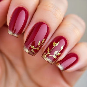 Medium fake nails for women girls New Year red square ballet nail tips golden leaf pink flowers design press on false nail art