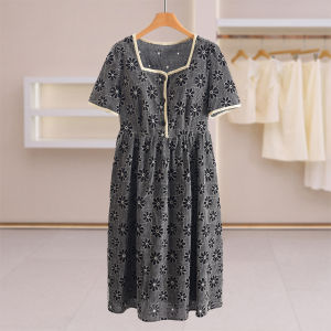 Lace Embroidery Check Small Flowers Square Collar Sleeveless Dress