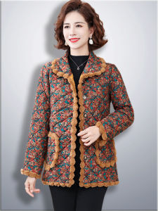 Middle-Aged Mom Autumn and Winter Floral Fleece-lined Thermal Cotton-Padded Coat Womens Fashion Fuzzy Ball Edge Loose Puffer Jacket Cotton-Padded Jacket