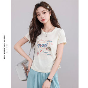 Áo Thun Nữ Cổ Tròn in Họa Tiết Hoạt Hình Mùa Hè Thiết Kế Ôm Vừa Vặn Tay Ngắn Thời Trang Thường Ngày Cotton 92% Spandex 8%