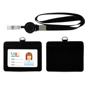 ID Badge Holder with Lanyard Heavy Duty Retractable PU Leather Vertical Horizontal ID Card Holders
