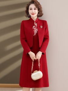 ชุดกี่เพ้าแต่งงานสองชิ้นฤดูใบไม้ผลิและฤดูใบไม้ร่วงสำหรับคุณแม่ของคุณผู้ใหญ่ สไตล์จีน ชุดเดรสยาวคลุมเข่า คอลเลกชันฤดูใบไม้ร่วง 2024