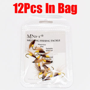 Topranc 12Pcs Yellow Belly Caddis Brown Dry Fly Fishing Lures Artificial Insect Bait Sea Bass Trout Fly Fishing Hook Lures