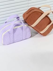 Aesthetic Pastel Corduroy Pencil Case Dual Hand Straps Multi Mesh Pocket Large Capacity Pen Bag for Teen Girls Back To School