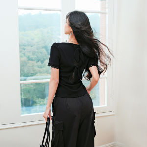 Lace Back Short Sleeve Round Neck T-Shirt