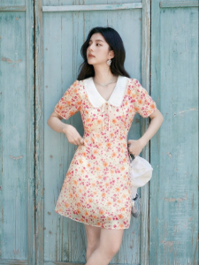SEIFINI | Pink Flower Print Spliced Peter Pan Collar Midi Dress
