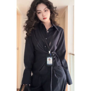 Deep Grey Striped Womens Shirt Spring 2025 New Design Belted Waist Long Sleeve Commuter Tie Shirt Fashionable Office Wear