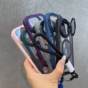 【With lanyard/Round bracket/With Len Film/Transparent Acrylic hard case/Black】 for iPhone 11 12 13 14 15 16 17 Pro max Air Adsorbable case for iPhone17Promax case cover casing