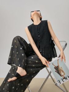 GULILI | Black Sleeveless Round Neck Loose Polka Dot Summer Suit