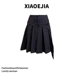 Retro Plaid Half-length Skirt Womens Spring Summer New Slimming Design Midi Pleated Skirt for  Pear Body Types