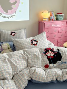 Thickened Pure Cotton Washed Bedding Set Ins Style Cartoon Design 1.5m Bed Sheet Cover Duvet Cover Three Piece Set Skin Friendly