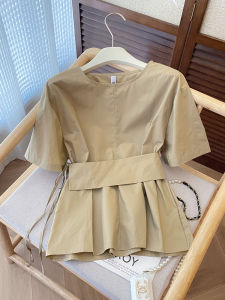 PAIBOLI | French Elegant Yellow Waist-Cinching Round Neck Shirt Women Summer Short Design Sense Small Opening Short Sleeve Blouse Top